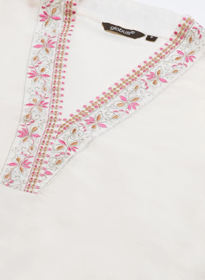 Globus  Women Off White Embroidered Straight Kurta with Pants and Dupatta Set for Women | Best Price UAE